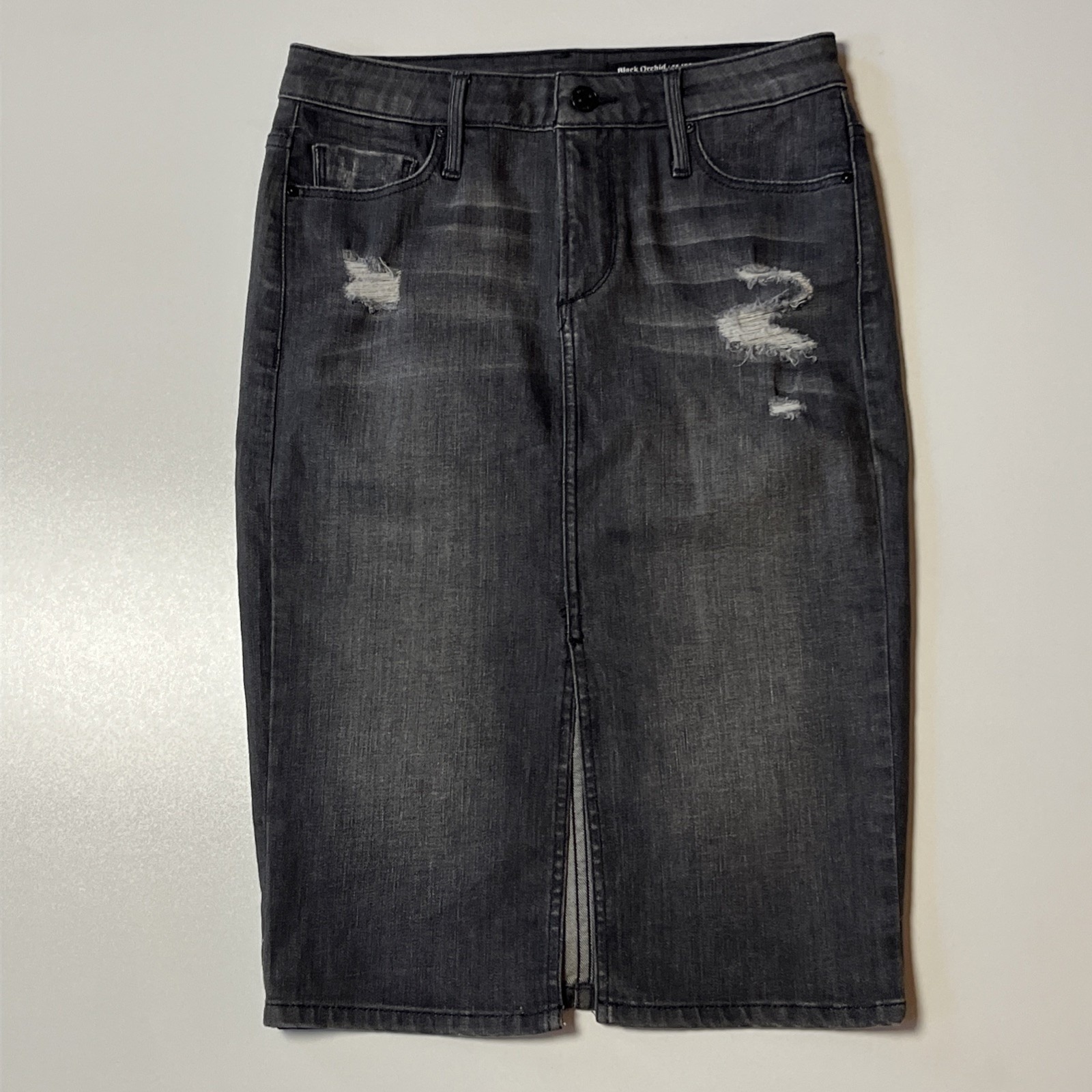 Black Orchid La Denim Pencil Skirt Size 26 Black Distressed Jean Skirt Euc
